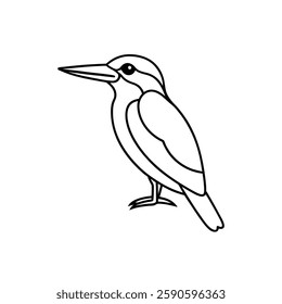 a black and white illustration of a kingfisher bird. It has a long, pointed beak, a sleek body, and is perched on its legs, facing slightly sideways