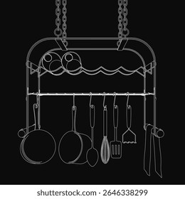 A black and white illustration of a kitchen rack with hanging utensils, including spoons, spatulas, and other essential accessories. The clean, monochrome design highlights the functional yet stylish.