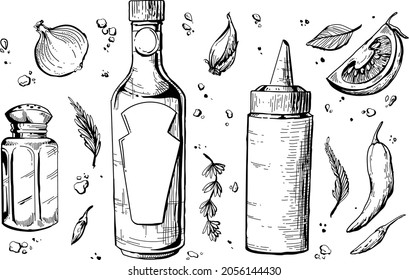 Black And White Illustration Of Kitchen Spices. Hand Drawing Black And White. Pepper, Ketchup, Onion, Etc