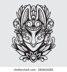 black and white illustration of kitsune mask ornamental