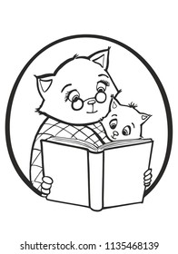 Black and white illustration kitten and grandmother with book vector