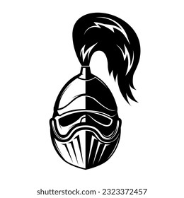 Black and white illustration of knight helmet. Warrior helmet. Design element