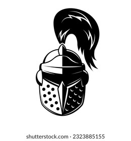 Black and white illustration of knight helmet. Warrior helmet. Design element