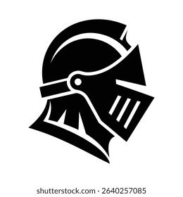 A black and white illustration of a knight's helmet, viewed from the side.