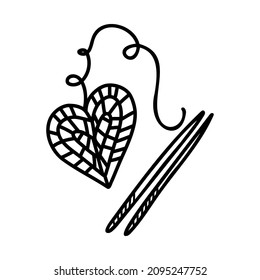 Black and white illustration of a knitted heart. Doodle vector design for web and print. 