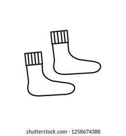 Black & white illustration of knitted warm socks. Vector line icon of winter handmade clothes. Isolated object on white background