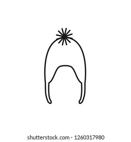 Black & white illustration of knitted warm pompom hat. Vector line icon of winter handmade clothes. Isolated object on white background