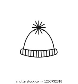 Black & white illustration of knitted warm pompom hat . Vector line icon of winter handmade clothes. Isolated object on white background