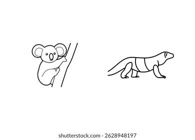 Black and white illustration of a koala bear on a tree and a komodo dragon