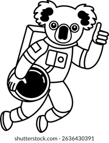black and white illustration of a koala in a spacesuit with a thumbs up