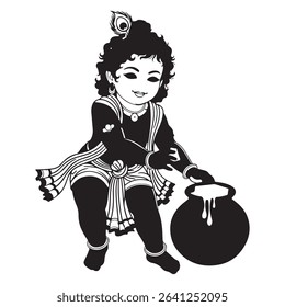 a black and white illustration of krishna with a pot of butter. the image features a child deity with traditional indian elements.