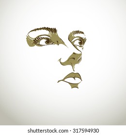 Black and white illustration of lady face, delicate visage features. Eyes and lips of peaceful  woman expressing positive emotions.