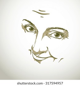Black and white illustration of lady face, delicate visage features. Eyes and lips of a woman feeling sorry about something, portrait of naive blameworthy girl isolated on white.