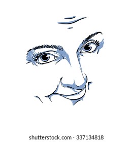 Black and white illustration of lady face, delicate visage features. Eyes and lips of a woman feeling sorry about something, portrait of naive blameworthy girl isolated on white.