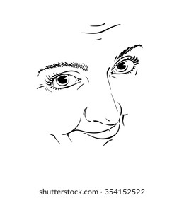 Black and white illustration of lady face, delicate visage features. Eyes and lips of a woman feeling sorry about something, portrait of naive blameworthy girl isolated on white.