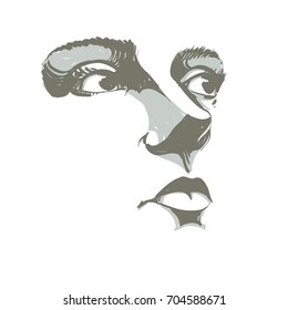 Black and white illustration of lady face, delicate visage features. Eyes and lips of peaceful  woman expressing positive emotions.