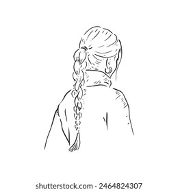 A black and white illustration of a lady with a long plait. Drawn by hand in line drawn sketchy style.