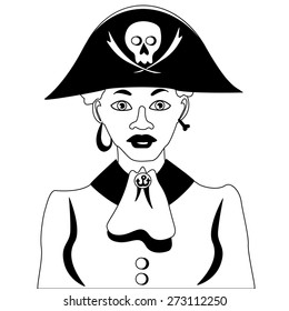 Black and white illustration of a lady in a pirate hat with Jolly Roger 