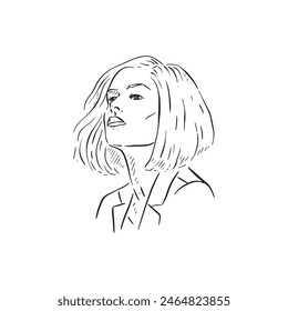 A black and white illustration of a lady with a short bob. Drawn by hand in line drawn sketchy style.