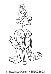 Black and white illustration of lame duck with pair of crutches. Funny cartoon character