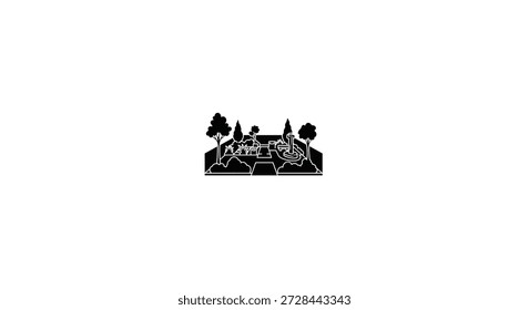 a black and white illustration of a landscape with trees and a monument silhouette