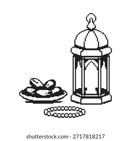 A black and white illustration of a lantern with dates and prayer beads
