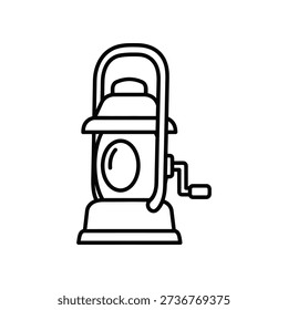 Black and white illustration of a lantern with a handle and a round glass window on a plain white background