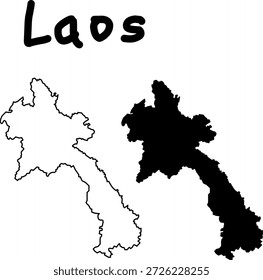 Ilustración en blanco y negro del mapa de Laos mostrado como contorno y silueta sólida. Diseño geográfico minimalista limpio para educación, viajes y uso de infografías.