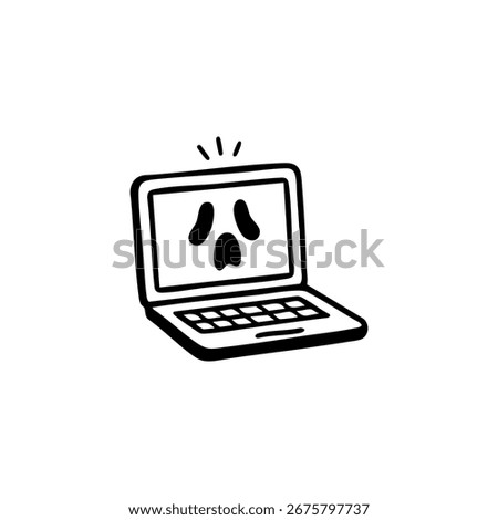A black and white illustration of a laptop computer with a cartoon ghost face on the screen