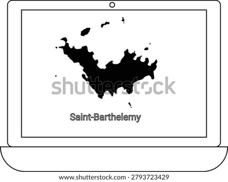 A black and white illustration of a laptop displaying the map of Saint Barthelemy.