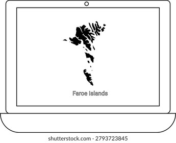 A black and white illustration of a laptop screen showing the outline map of the Faroe Islands with the text Faroe Islands below it.