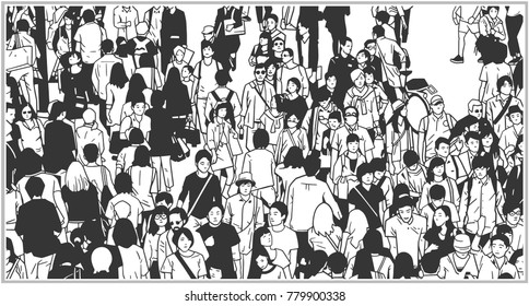 Black And White Illustration Of Large City Crowd From High Angle View