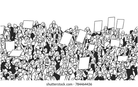 Black and white illustration of large crowd protest with blank signs