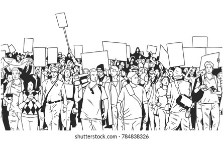 Black and white illustration of large crowd protest with blank signs