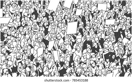 Black and white illustration of large crowd protest with blank signs