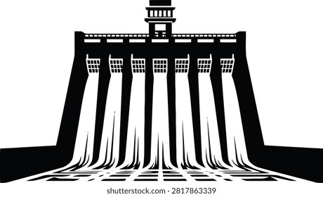 A black and white illustration of a large dam with multiple spillways open, releasing a powerful flow of water. The water cascades down in distinct streams, creating a dynamic visual effect.