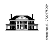 A black and white illustration of a large, two-story colonial-style house featuring a prominent portico with tall columns, a wide porch, and symmetrical windows.