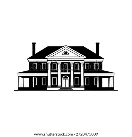 A black and white illustration of a large, two-story colonial-style house featuring a prominent portico with tall columns, a wide porch, and symmetrical windows.