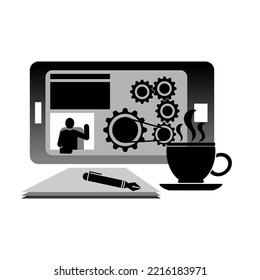 Black and white illustration learning online happily