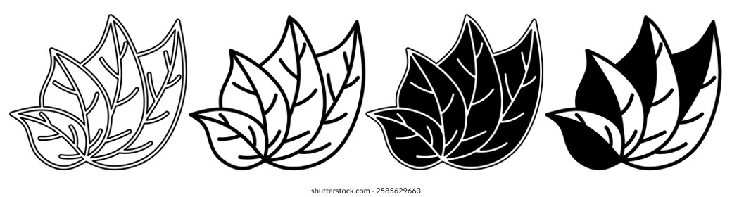 Black and white illustration of a leaves. Leaves icon collection with line. Stock vector illustration.