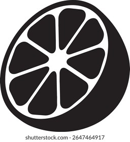 Black and white illustration of a lemon slice. The fruit is divided into eight segments, arranged around the center. Suitable for food, drink, and fruit categories.
