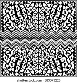 Black and white illustration. Leopard spots, tribal decorative pattern. Hand drawn texture background. Abstract mixed animal, geometric print. Art ethnic backdrop. Head scarf, neckerchief, textile.