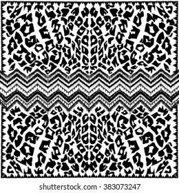  Ilustración en blanco y negro. Lugares de leopardo, decoración tribal. Fondo de textura dibujado a mano. Huella abstracta de forma geométrica y animal mixta. Fondo étnico del arte. pañuelo, pañuelo, textil.