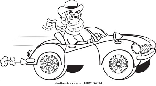 Black and white illustration of a leprechaun driving a convertible sports car.