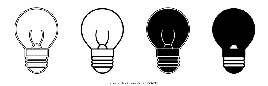 Black and white illustration of a light bulb. Light bulb icon collection with line. Stock vector illustration.