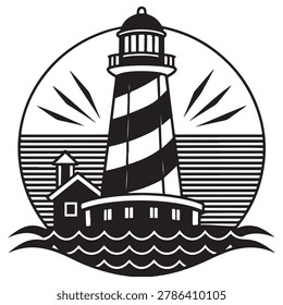 Black and white illustration of a lighthouse on a rocky coastline with a small building next to it surrounded by water and sun rays in the background nautical scene