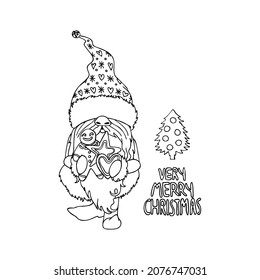 Black and white illustration of line art cartoon gnome holding gift bag. Monochrome Christmas elf.