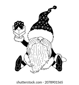 Black and white illustration of line art cartoon gnome holding gift bag. Monochrome Christmas elf.