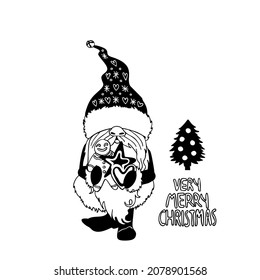 Black and white illustration of line art cartoon gnome holding gift bag. Monochrome Christmas elf.