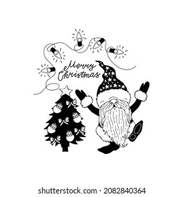 Black and white illustration of line art cartoon gnome holding gift bag. Monochrome Christmas elf.